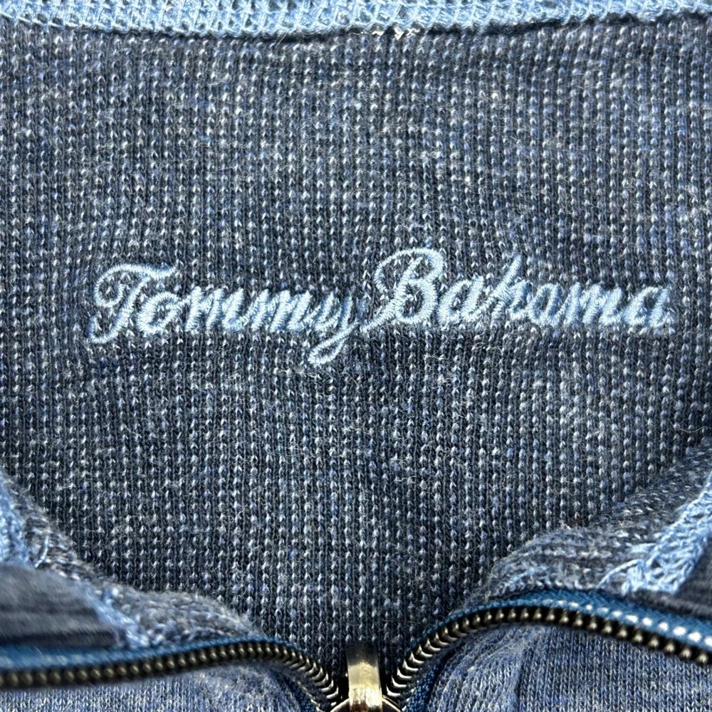 Tommy Bahama Mens Blue Heathered Full Zip Mock Neck Vest Marlin Logo XL EUC Cott